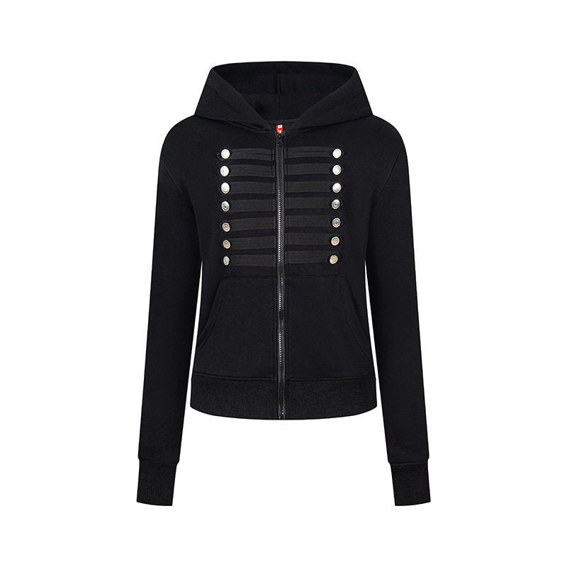 Women's hooded sweatshirt jacket with decorative military braid trim and decorative buttons Mune Fashion