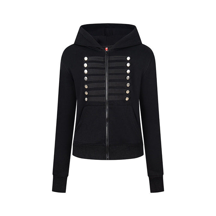 Women's hooded sweatshirt jacket with decorative military braid trim and decorative buttons Mune Fashion