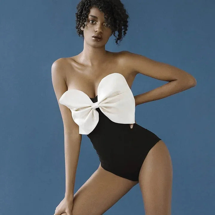 Women's Cut Swimsuit with Voluminous Bow Detail and Elegant Wrap Skirt Mune Fashion