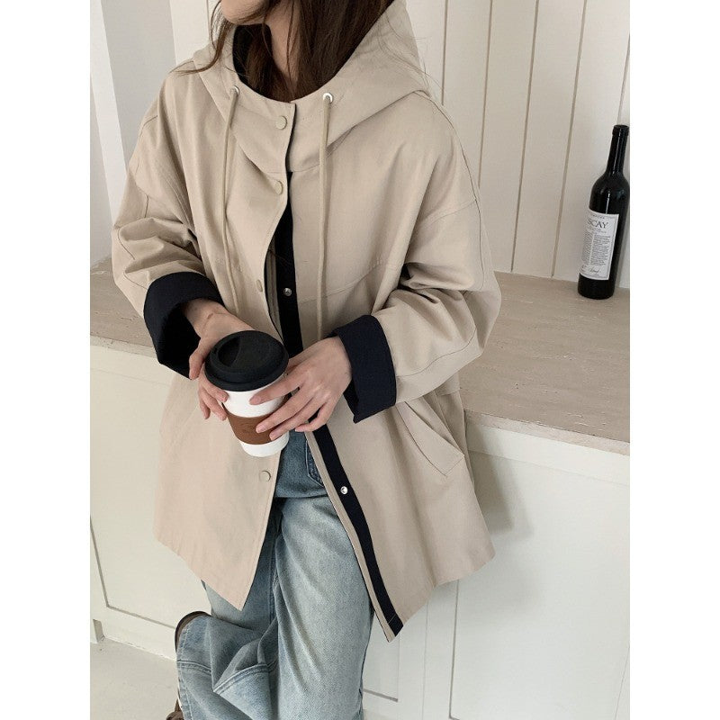 Women Oversize Hooded Jacket with Contrasted Hem and Snap Button Placket Mune Fashion