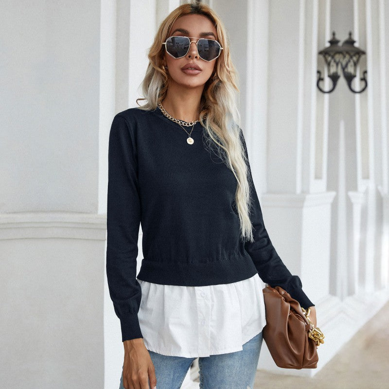 Women’s knitted sweater with integrated blouse trim and double-layer look Mune Fashion