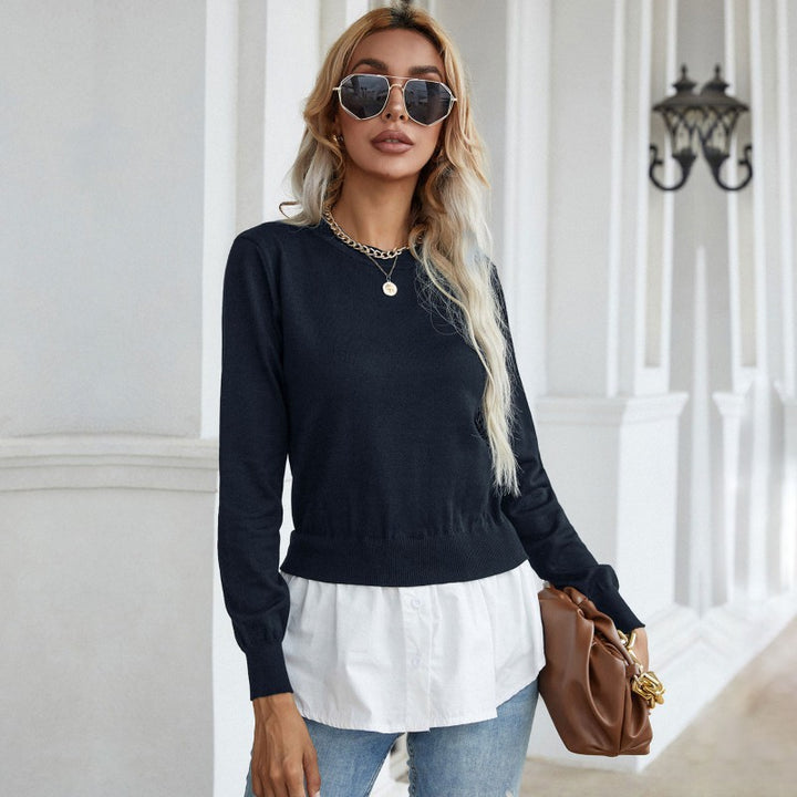 Women’s knitted sweater with integrated blouse trim and double-layer look Mune Fashion