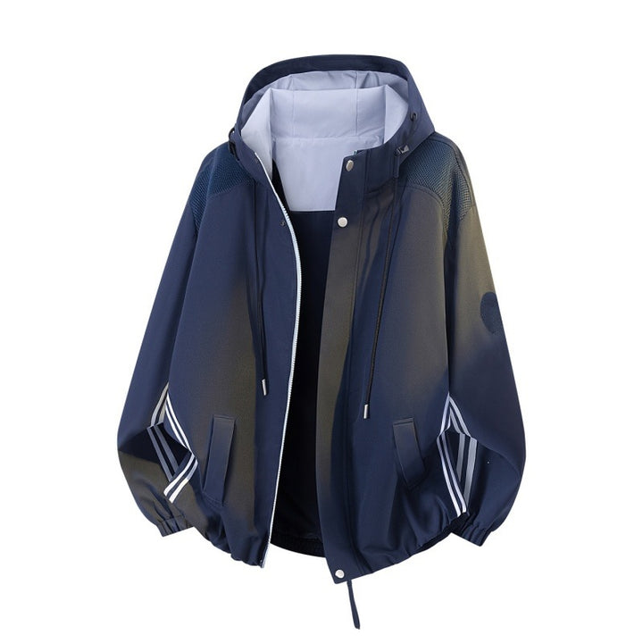 Men's sporty-urban oversized windbreaker jacket with hood, reflective insert stripes, and elastic hem Mune Fashion