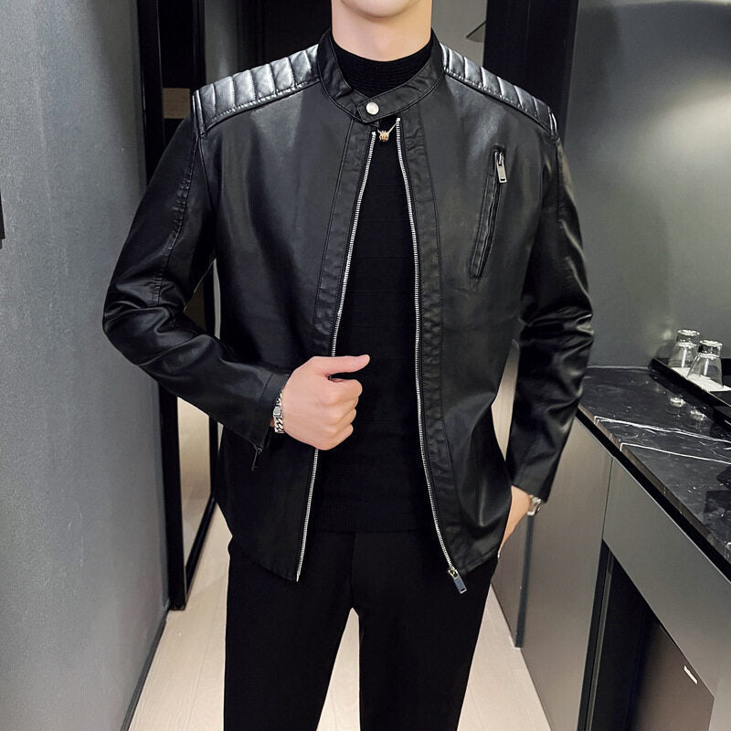 Men's Elegant Leather Jacket with Stand-up Collar Mune Fashion