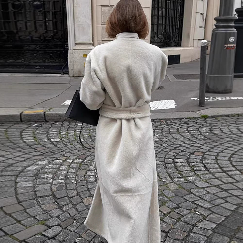 Women Maxilength Oversized Teddy Coat with Minimalist Stand Collar and Concealed Snap Button Placket Mune Fashion