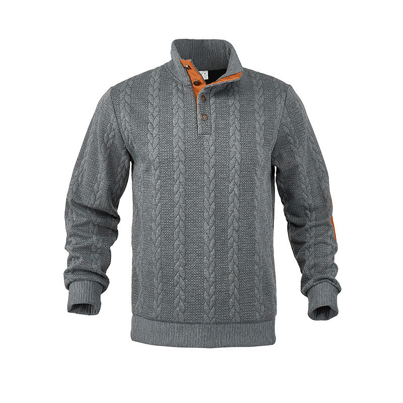 Men's cable knit sweater with stand-up collar, button placket & elbow patches Mune Fashion