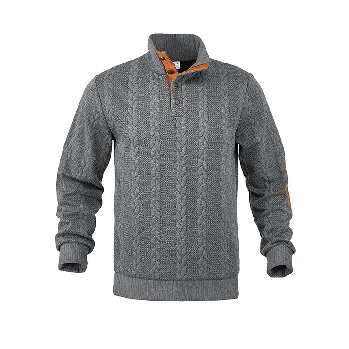 Men's cable knit sweater with stand-up collar, button placket & elbow patches Mune Fashion