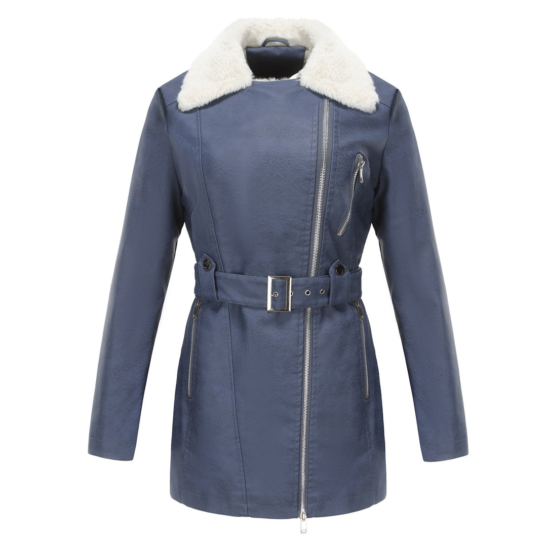 Ladies tailored coat in lambskin look with asymmetrical zipper and wide waist belt Mune Fashion