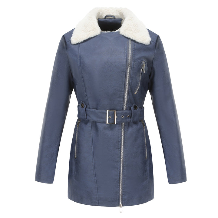 Ladies tailored coat in lambskin look with asymmetrical zipper and wide waist belt Mune Fashion