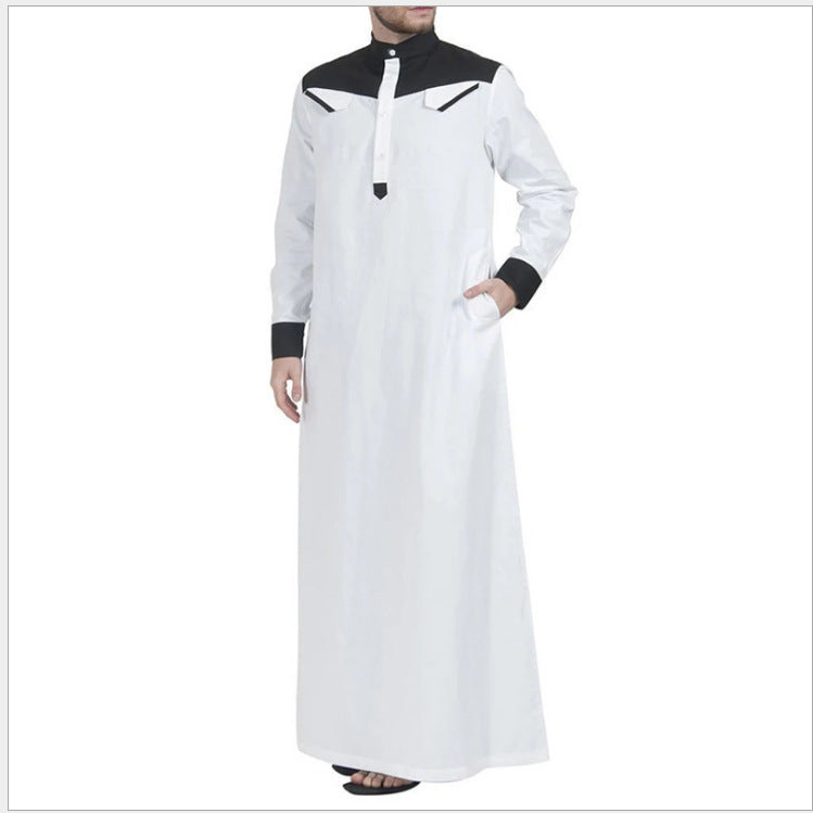 Men's long thobe with contrasting shoulder yoke, stand collar, and side pockets Mune Fashion