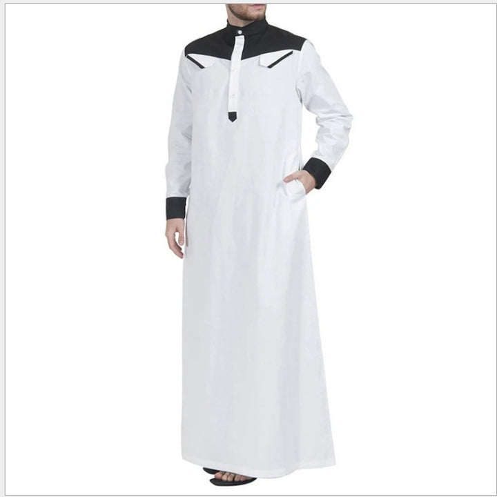 Men's long thobe with contrasting shoulder yoke, stand collar, and side pockets Mune Fashion