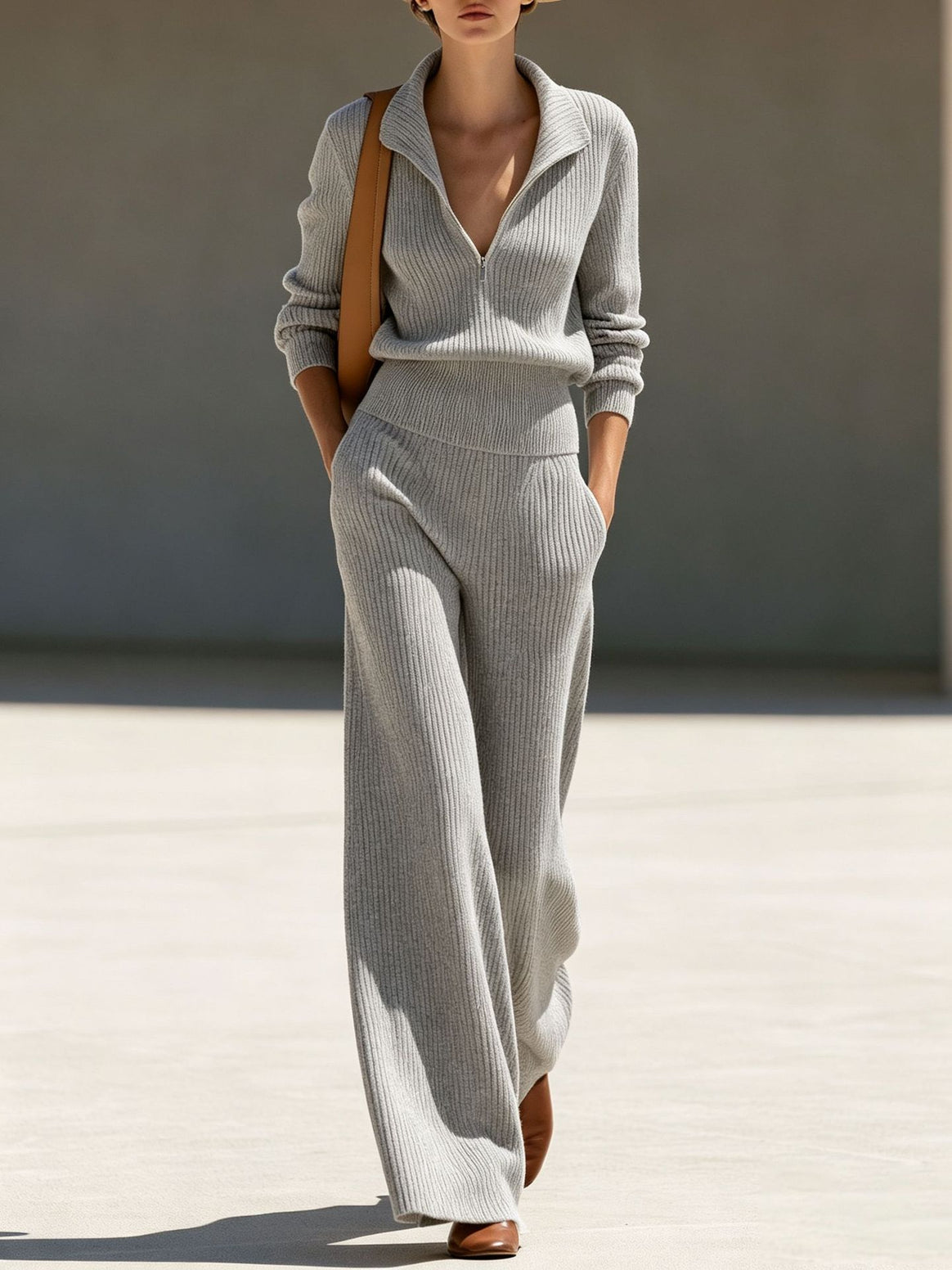 Women's ribbed knit set with half zipper and wide palazzo pants Mune Fashion