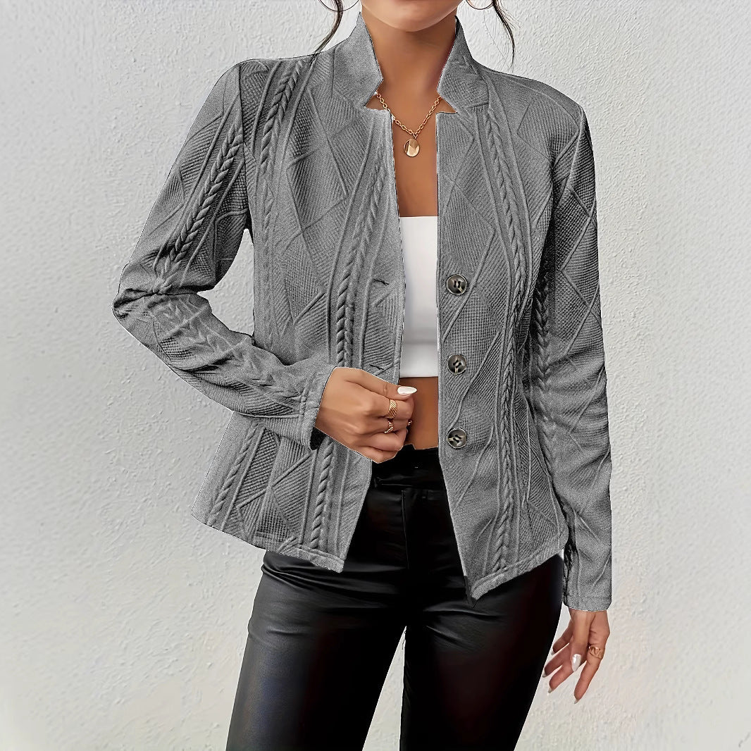 Women's tailored structured blazer with standing collar, cable pattern and decorative buttons Mune Fashion