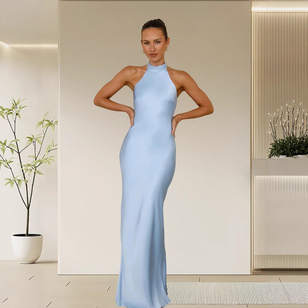 Women's Elegant Satin Maxi Dress with High Neck and Body-Hugging Cut Mune Fashion