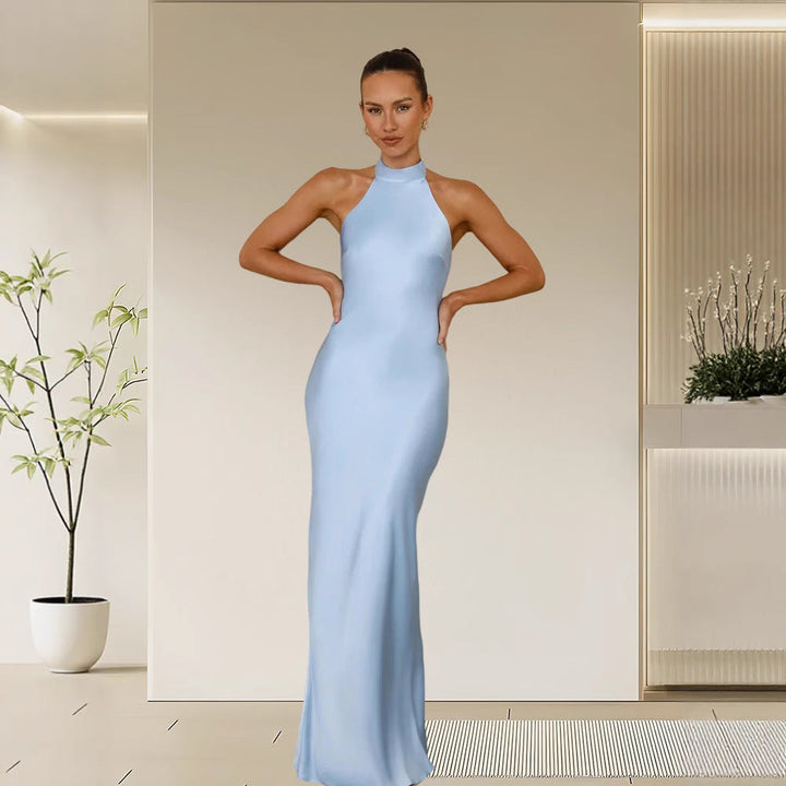 Women's Elegant Satin Maxi Dress with High Neck and Body-Hugging Cut Mune Fashion