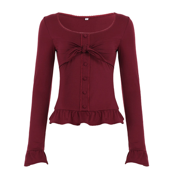 Women's Tailored Long Sleeve Cropped Top with Decorative Bow, Button Placket and Ruffled Hem Mune Fashion