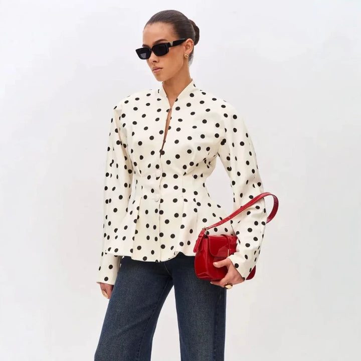 Women's Polka Dot Fitted Peplum Blouse with Stand-up Collar and Concealed Button Placket Mune Fashion