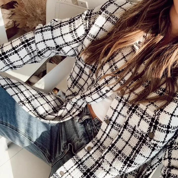 Women's Checked Boucle Shirt Jacket in Oversized Shacket Style with Chest Pockets Mune Fashion