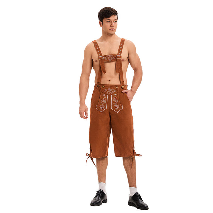 Men's knee-length traditional leather shorts with embroidered bib and adjustable straps Mune Fashion