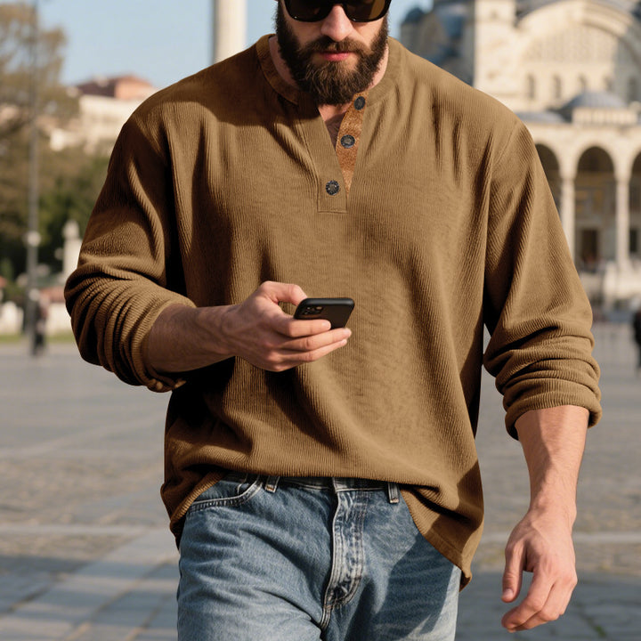 Men's long-sleeve Henley shirt made of structured cotton blend with decorative button placket Mune Fashion