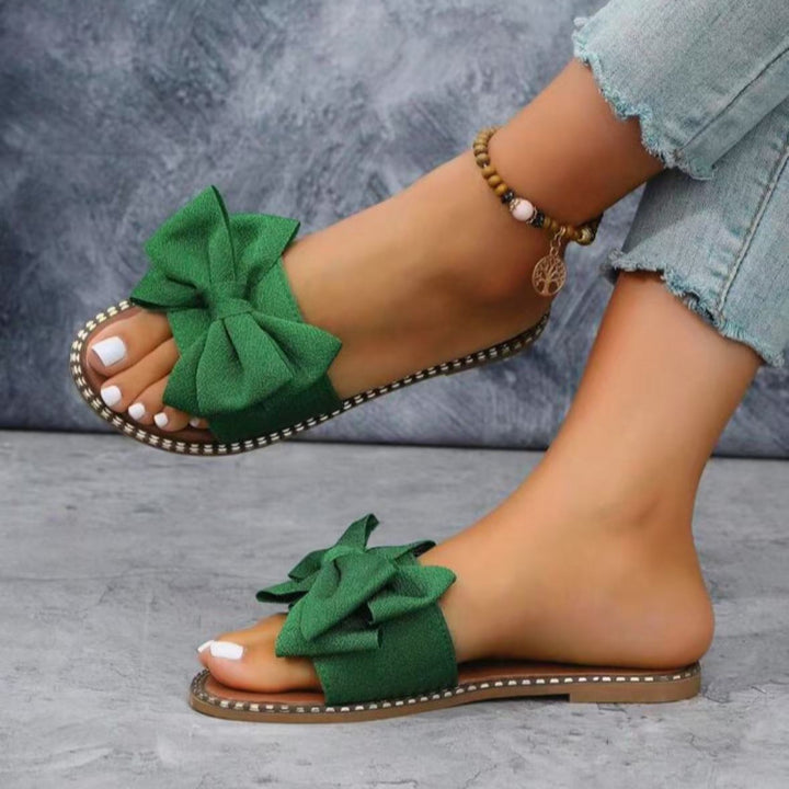 Women Flat Slippers with Oversized Bow, Gold Trim Decoration and Padded Comfort Insole Mune Fashion