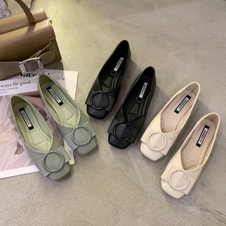 Women's Elegant Slipper-Ballet Flats with Square Toe and Decorative Round Buckle Mune Fashion