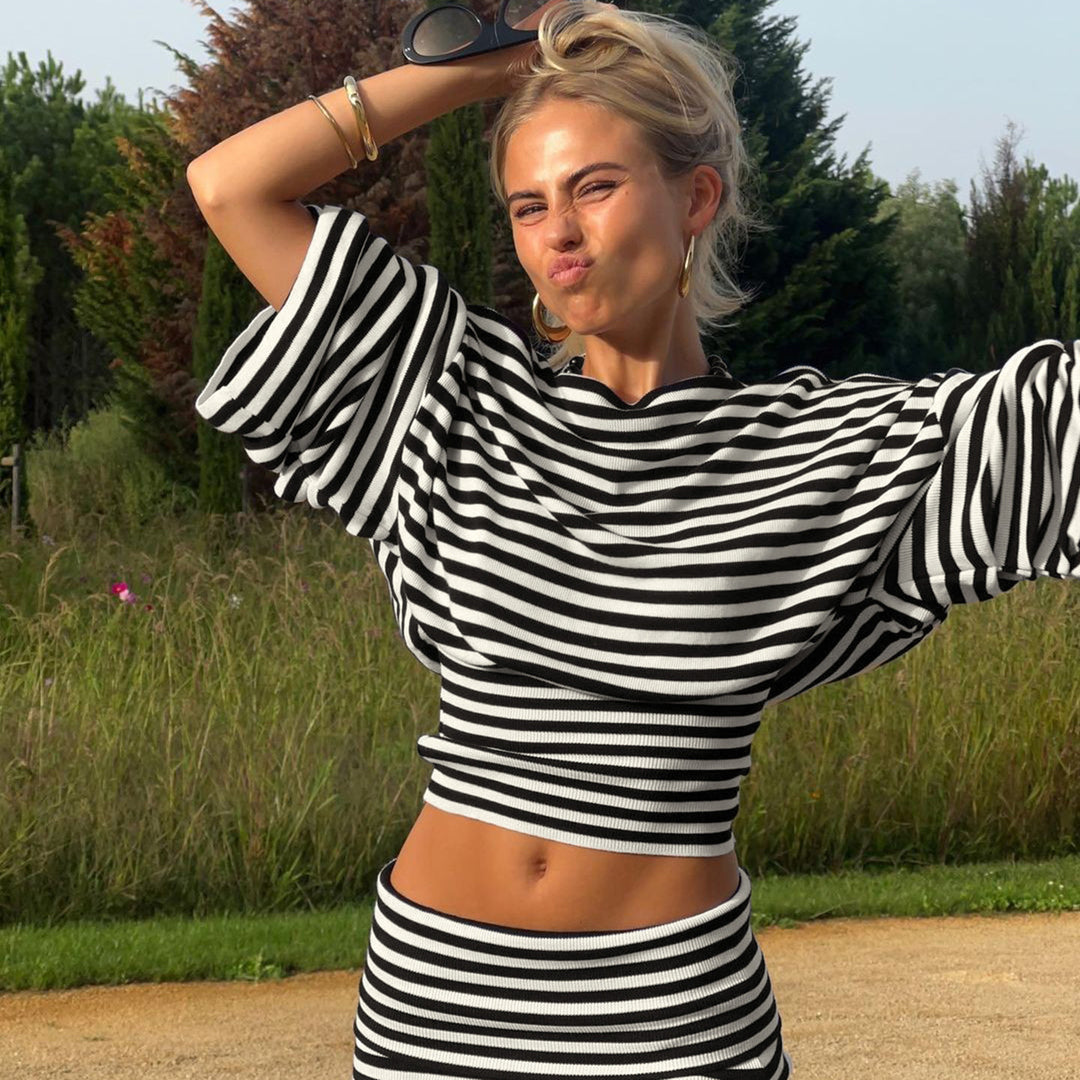 Women striped cut-out long sleeve with wide arm and tailored layering Mune Fashion