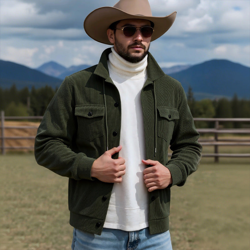 Men's knitted corduroy overshirt jacket with hood, breast pockets and continuous button placket Mune Fashion