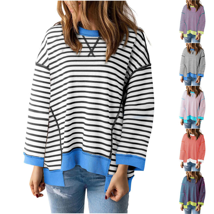 Women's oversized striped sweatshirt pullover with contrasting hem, dropped shoulder and side slits Mune Fashion