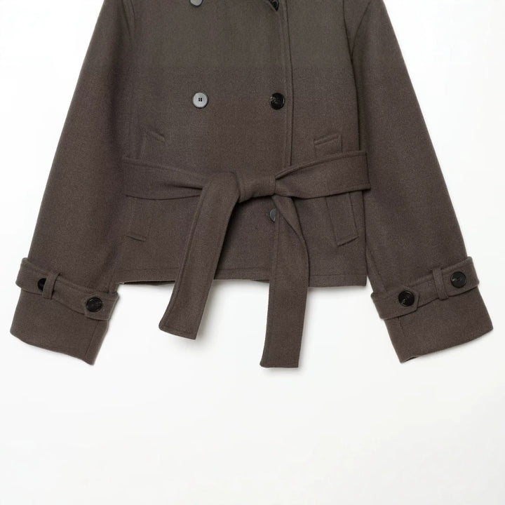 Ladies short cape jacket made of wool blend with high standing collar, double-breasted and tie belt Mune Fashion