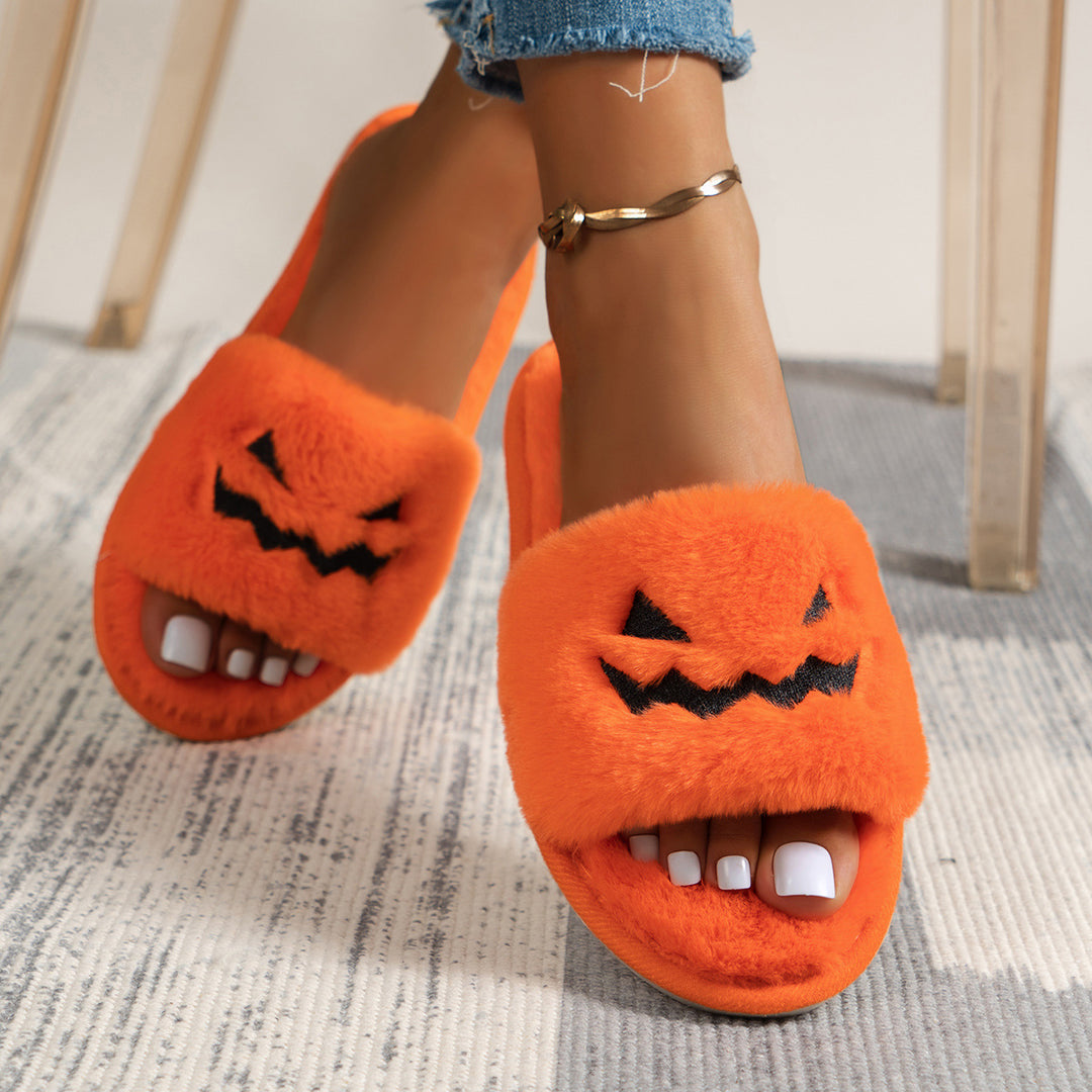 Ladies fluffy house slippers with embroidered pumpkin face and non-slip sole Mune Fashion