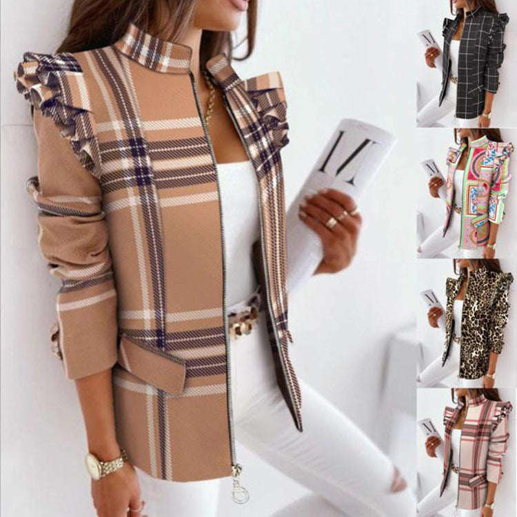 Women's Leo Jacket with Ruffle Sleeves, Stand Collar and Zipper Front Mune Fashion