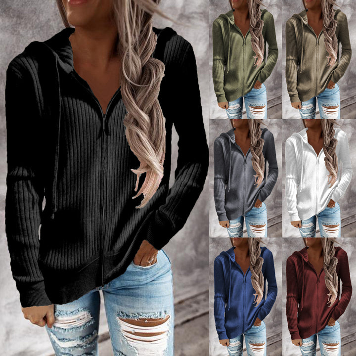 Women's Ribbed Hooded Sweater with Zipper and Front Pockets Mune Fashion