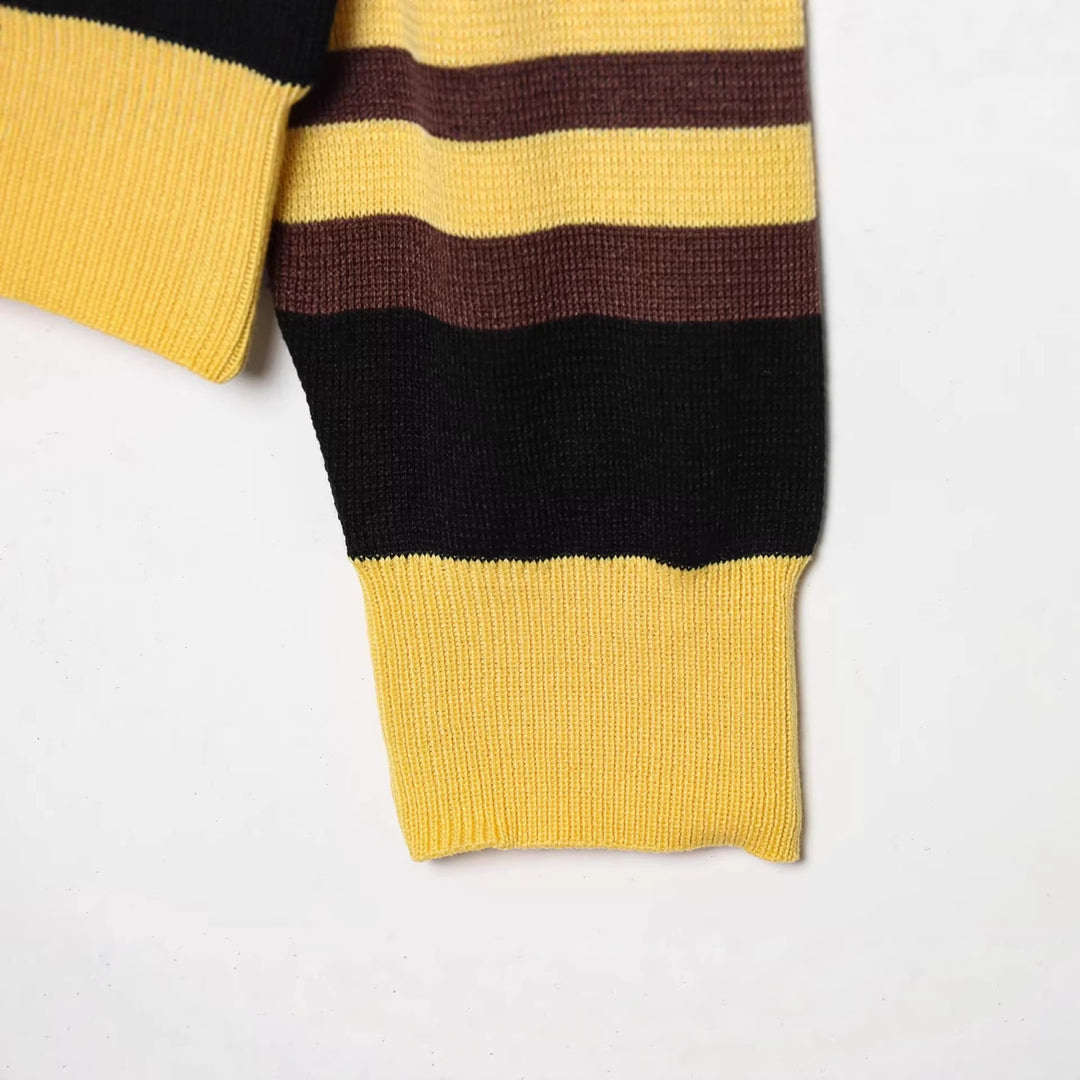 Women Striped Rugby Sweater with Polo Collar and Button Placket Mune Fashion