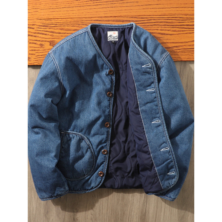 Men's Insulated Denim Utility Jacket Without Collar with Button Closure and Round Flap Pockets Mune Fashion