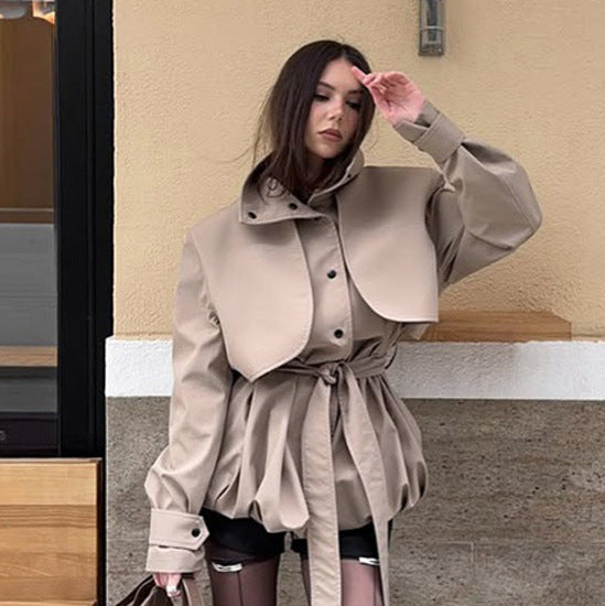 Women's Sculptural Boxy Blouson with High Stand-Up Collar and Gathered Volume Hem Mune Fashion
