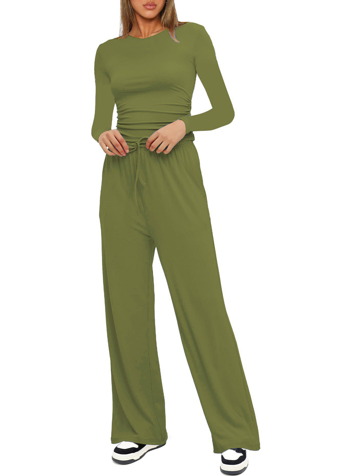 Women's Figure-Hugging Long Sleeve with Side Gathering and High-Waist Palazzo Jogging Pants Set Mune Fashion