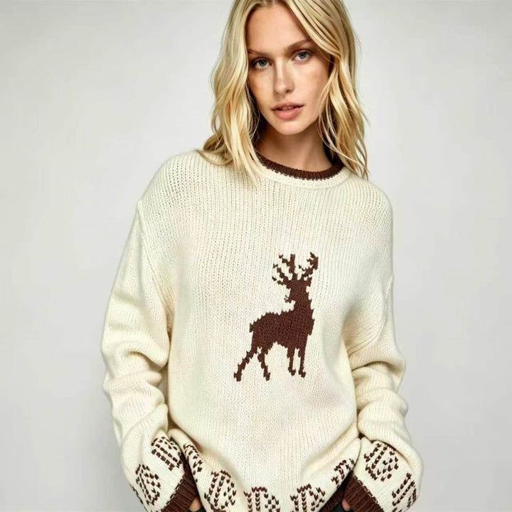 Women's Oversize Knit Sweater with Deer Intarsia, Round Neckline and Norwegian Cuffs Mune Fashion