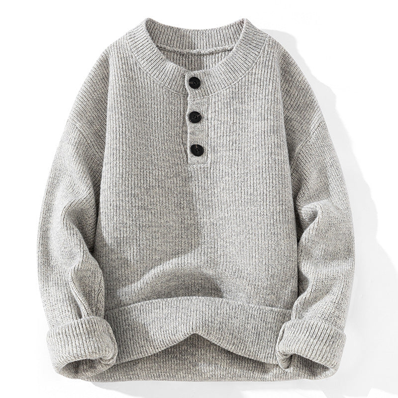 Unisex chunky knit Henley pullover with half button placket and ribbed texture Mune Fashion
