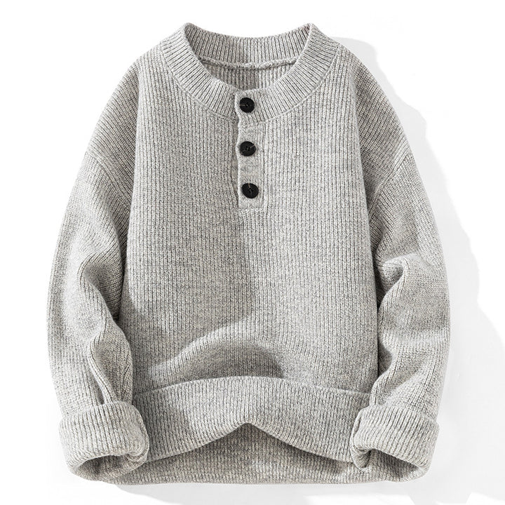 Unisex chunky knit Henley pullover with half button placket and ribbed texture Mune Fashion