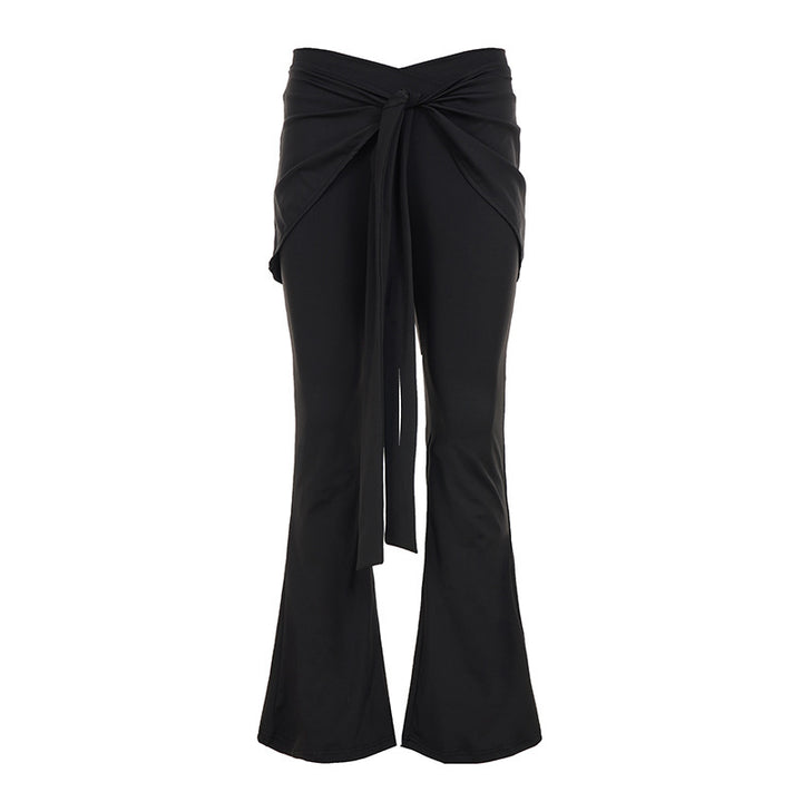 Ladies High-Waist Flared Pants with Wrap Skirt Overlay and Ties Belt Mune Fashion