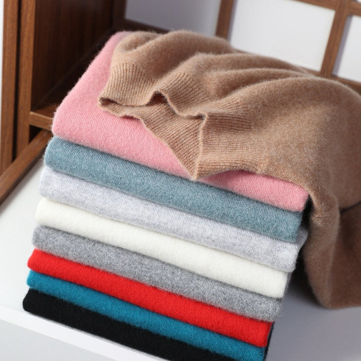 Women Luxurious Cashmere Fine Knit Sweater with Standing Collar Mune Fashion