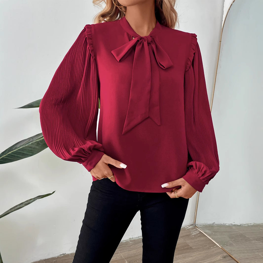 Ladies Elegant Chiffon Blouse with Bow Collar and Pleated Sleeves Mune Fashion