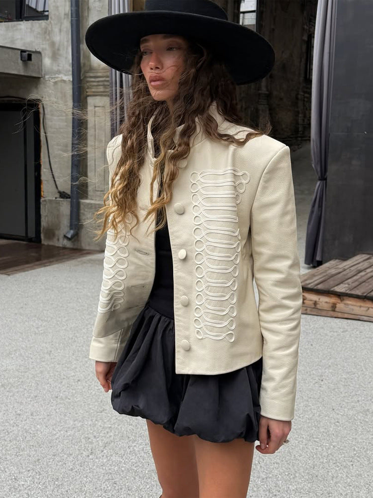 Women's short jacket in military style with decorative cord embellishment and stand-up collar Mune Fashion