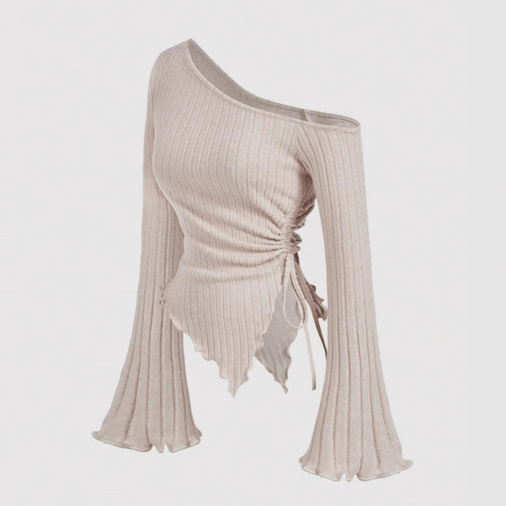 Women's Off-Shoulder Rib Knit Top with Asymmetric Hem, Bell Sleeves, and Waist Lacing Mune Fashion