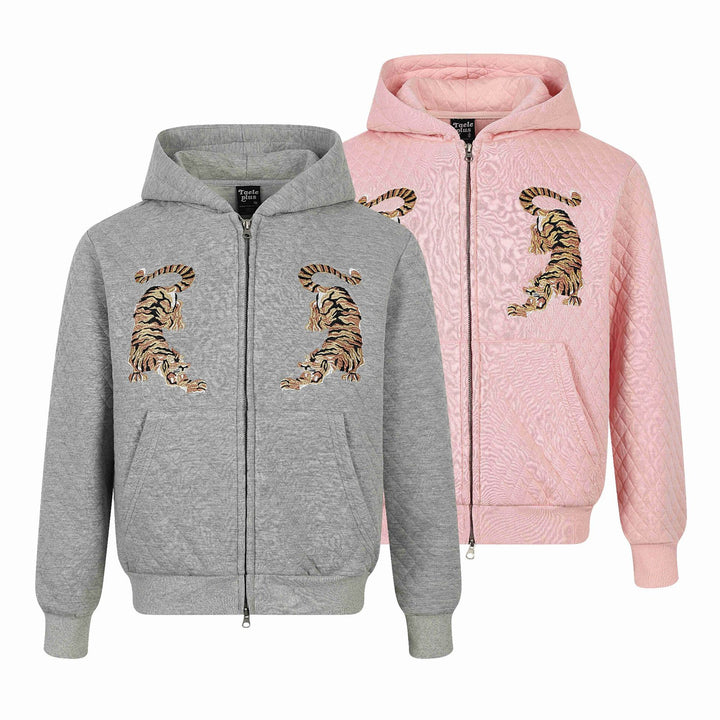 Unisex Quilted Hooded Jacket with Zipper, Kangaroo Pocket and Reflective Tiger Embroidery Mune Fashion