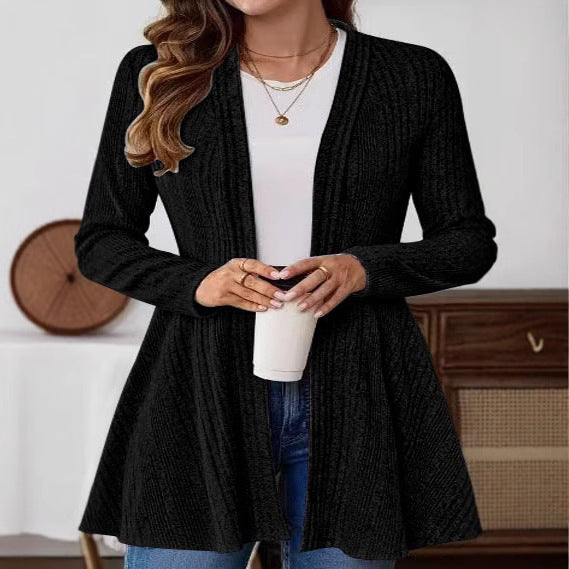 Ladies Open Fine Knit Cardigan with Ribbed Structure, Tailored Cut and Swinging Hem Mune Fashion