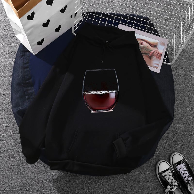 Women’s casual hoodie with photorealistic wine glass graphic, kangaroo pocket, and soft fleece Mune Fashion