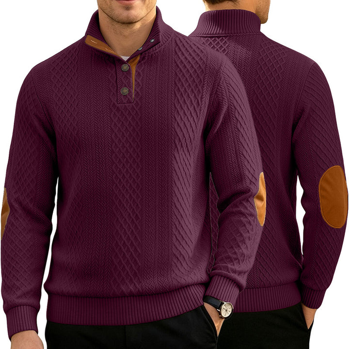 Men's Cable Knit Jumper with Stand-Up Collar and Leather Look Elbow Patches Mune Fashion