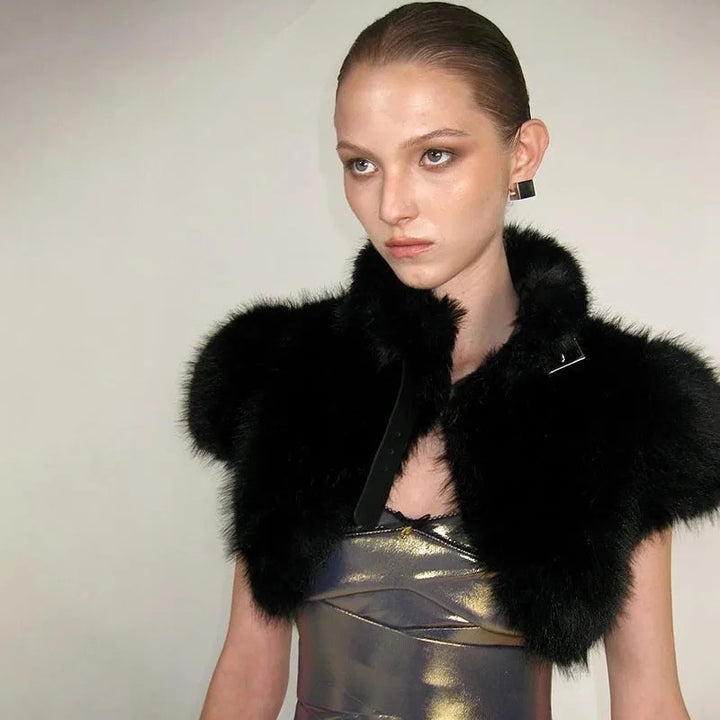Women's Cropped Faux Fur Bolero with Voluminous Shawl Collar and Puff Sleeves Mune Fashion